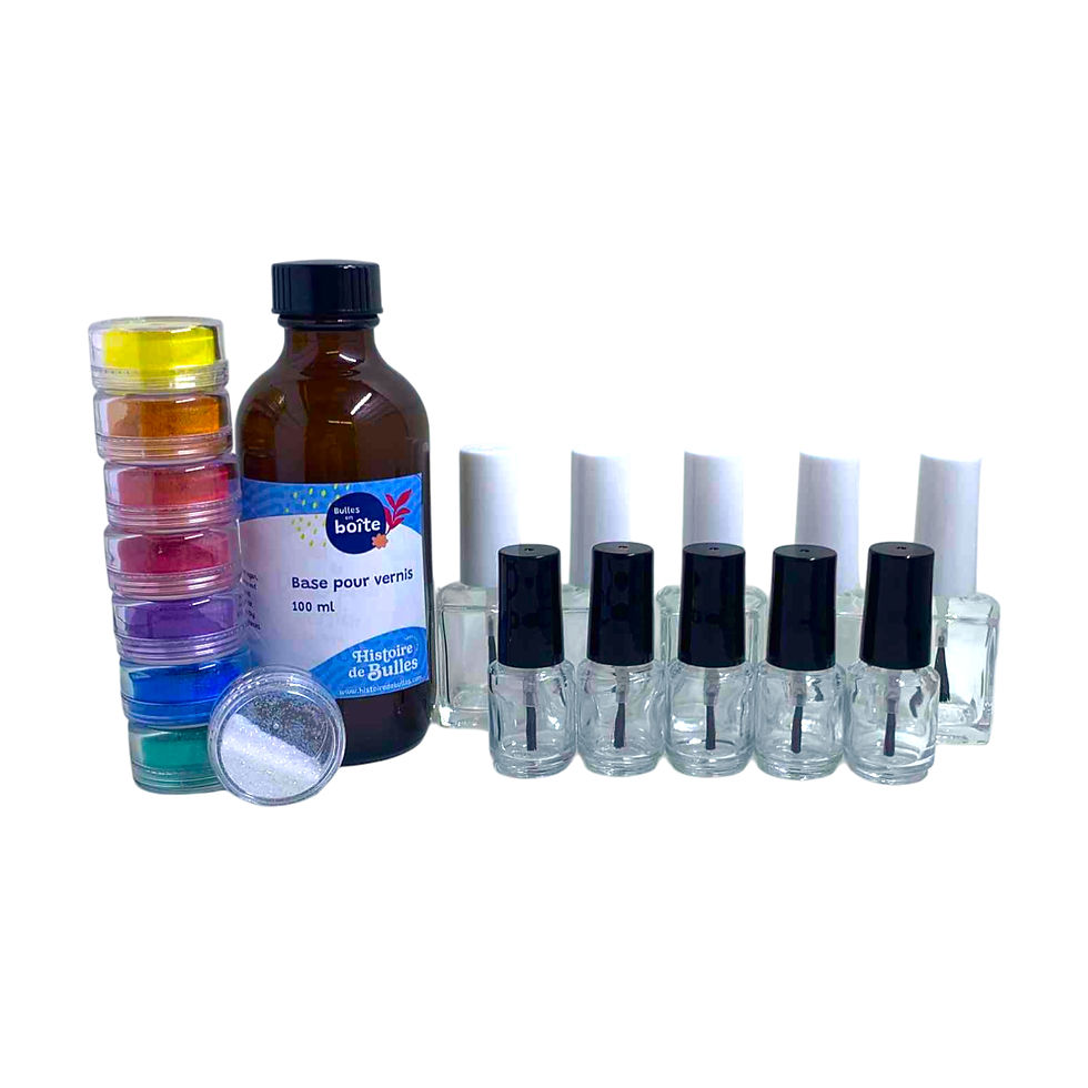 Kit complet pour créer vos propres vernis à ongles, comprenant une base spéciale et un ensemble de pigments colorés.