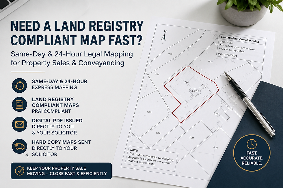 Promotional graphic for Legal Maps showing a Land Registry compliant property map with a red boundary outline, highlighting same-day and 24-hour express legal mapping for property sales and conveyancing.