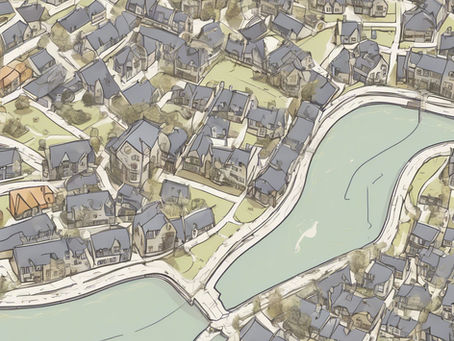 An aerial view of some hoses by a river in a sketch format