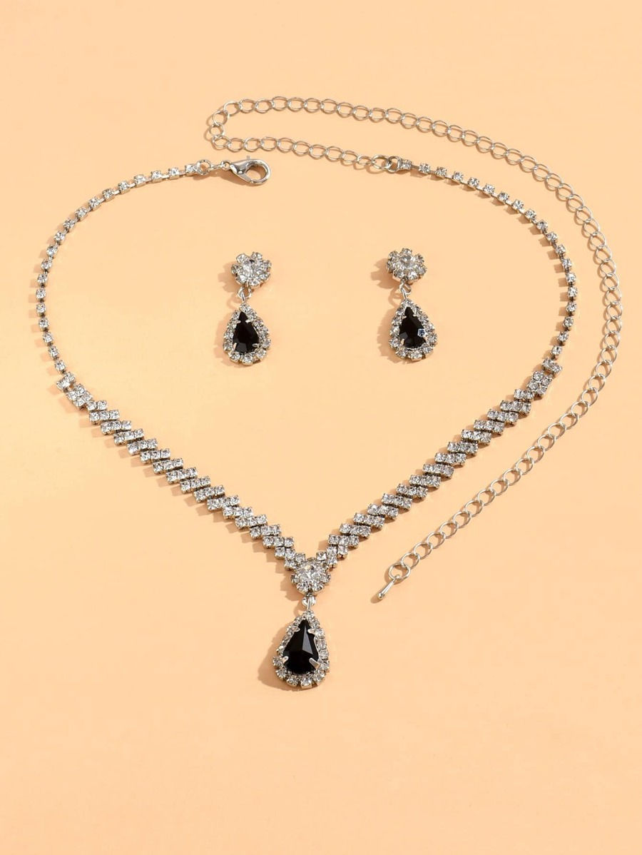 Thumbnail: Jade Lion Elegant Style Rhinestone Necklace and Earrings Set - Black