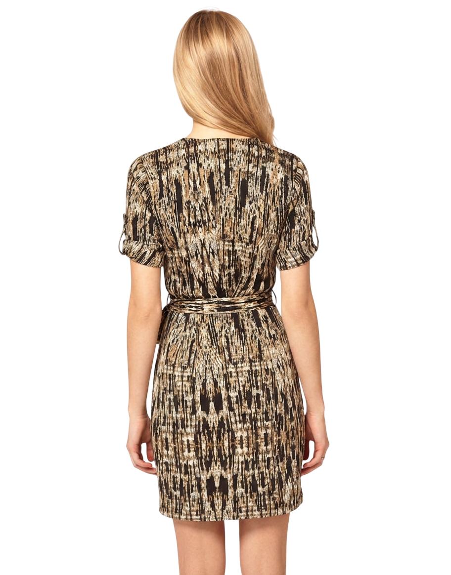 Karen Millen Black Beige Wrap Mini Shirt Dress V Neck Short Sleeve Belted_ALT_02