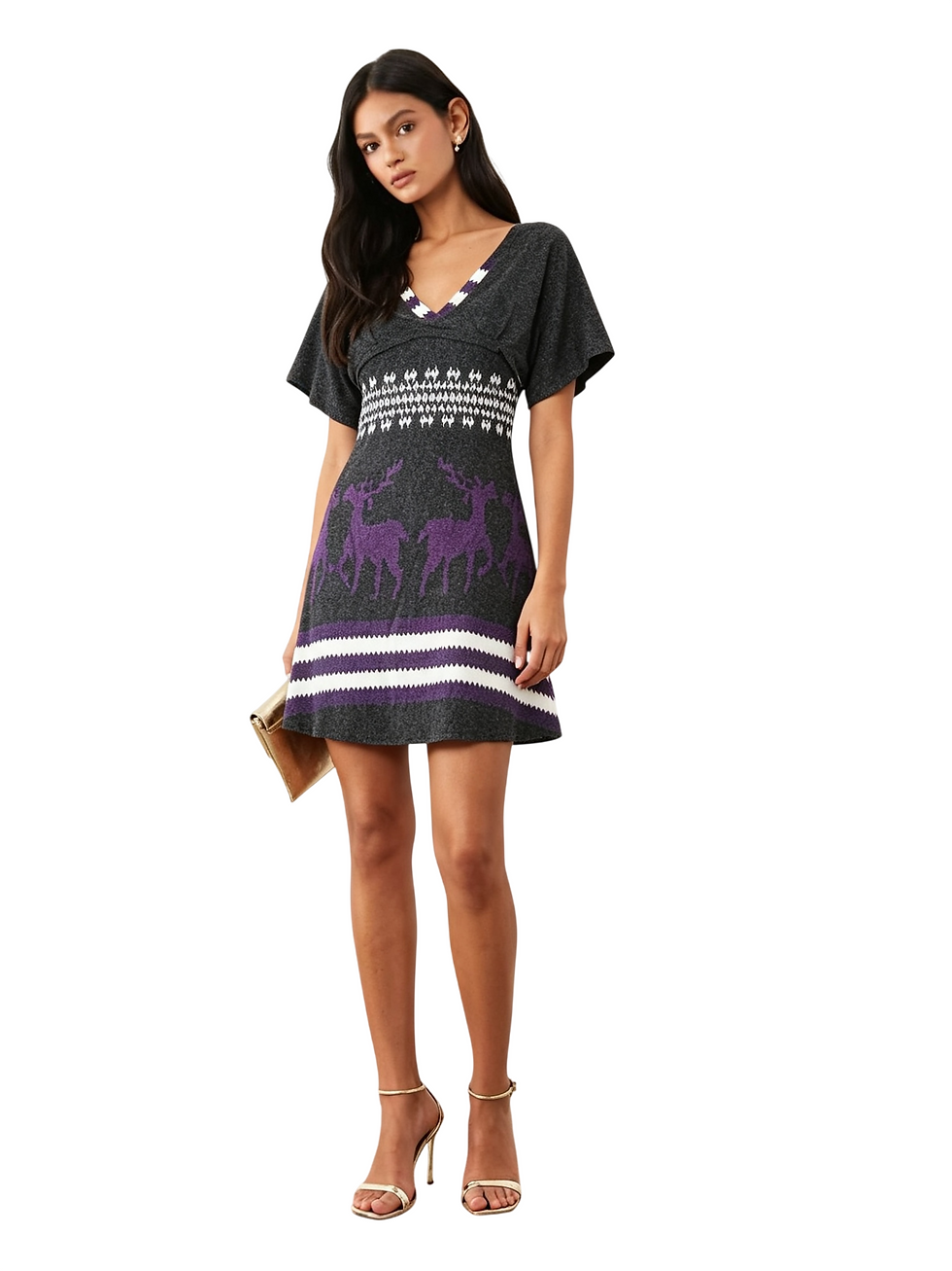 Thumbnail: Sodamix Grey Purple Woolen Look Knit Tunic Dress