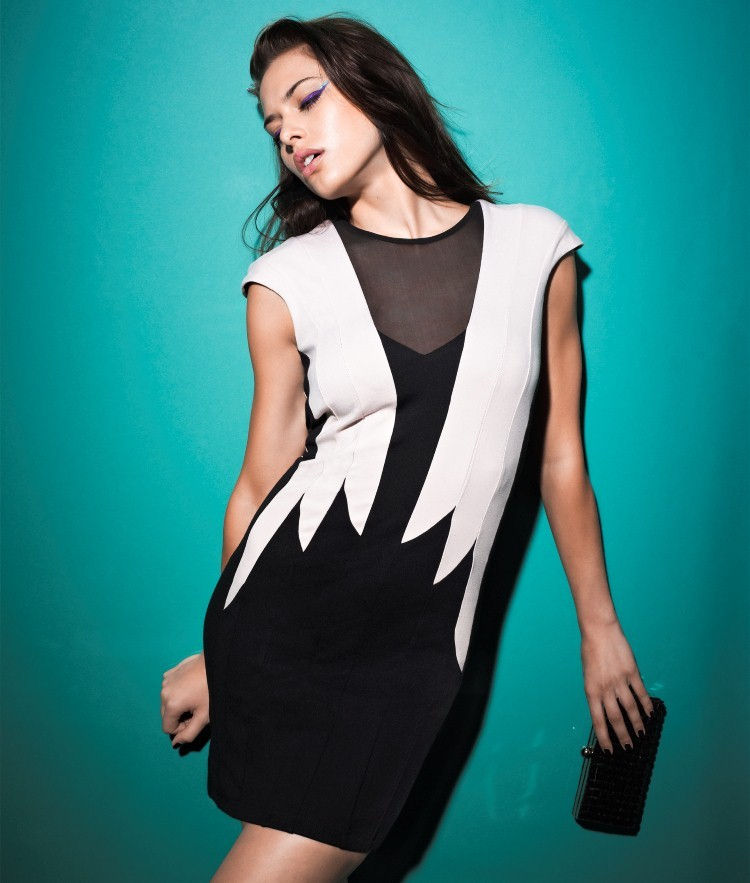 Thumbnail: Lipsy Nude Black Colourblock Bodycon Pencil Dress - JD01170