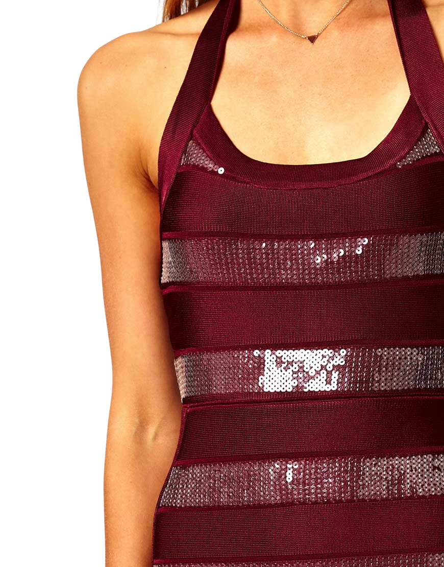 Thumbnail: French Connection Burgandy Sequin Halterneck Dress - 71NL8