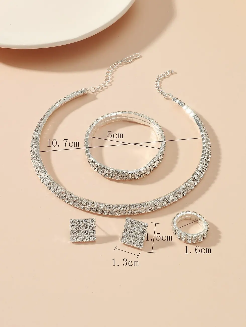 Thumbnail: Dazzling 2 Rows Choker Necklace Earrings Bracelet Ring Set - Silver