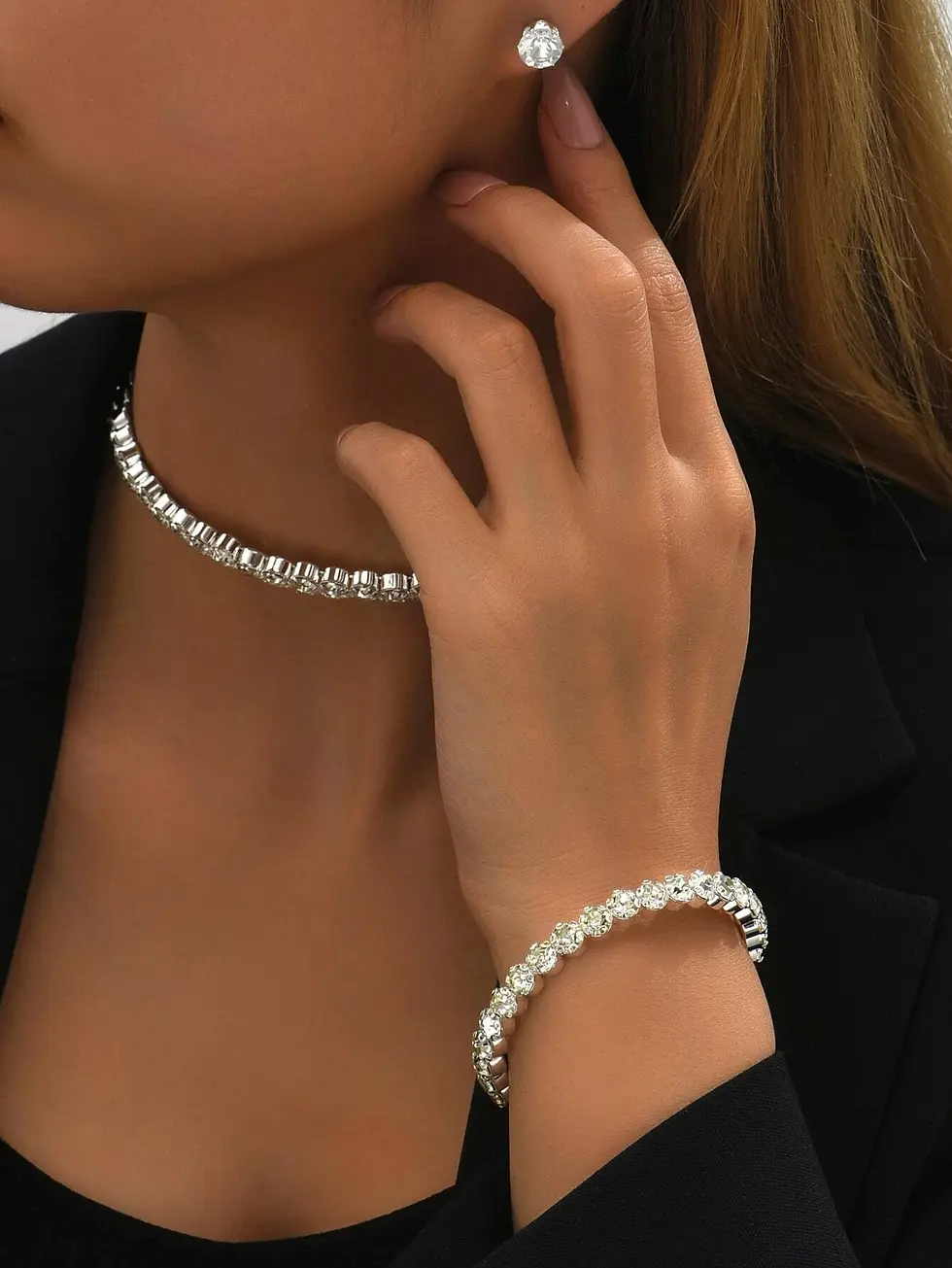 Thumbnail: Jade Lion Single Row Choker Necklace Earrings & Bracelet Set - Silver