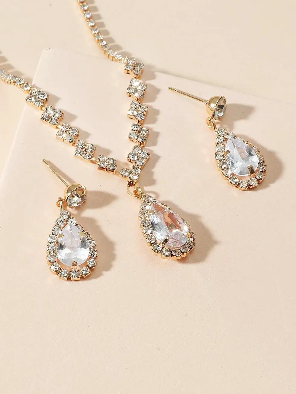 Thumbnail: Classic Chic Rhinestone Necklace and Earrings Set - Gold