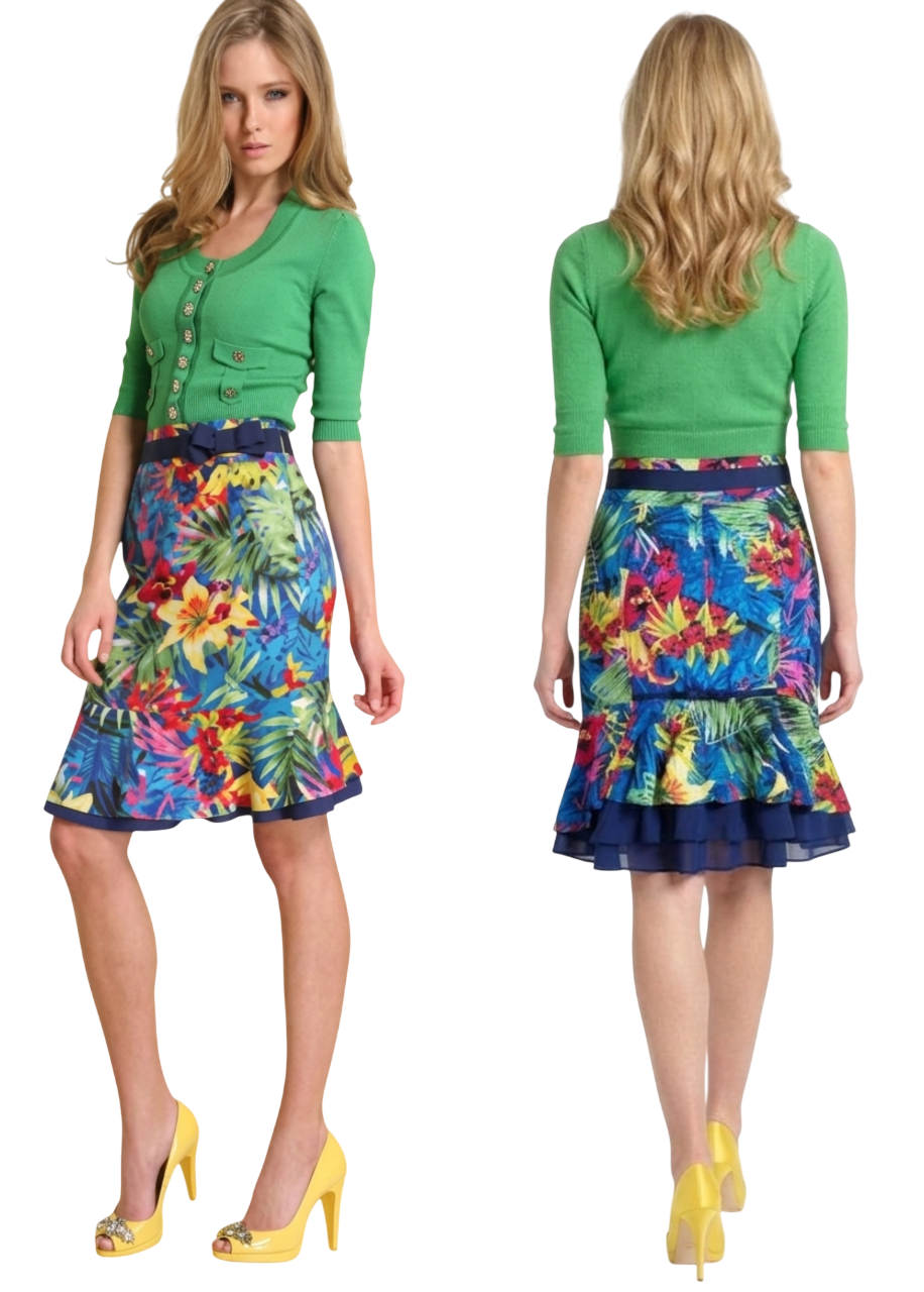 Thumbnail: Karen Millen Green Tropical Print Cotton Pencil Work Skirt - SC015