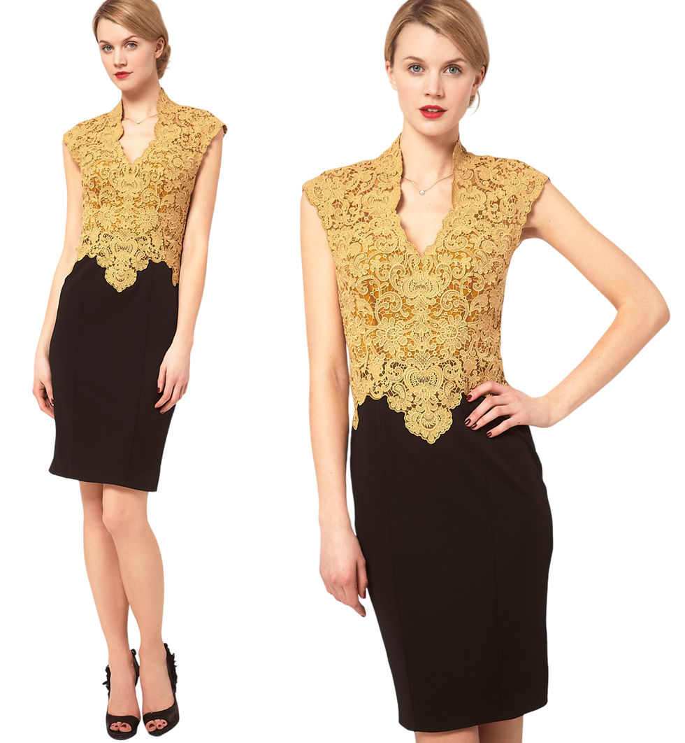 Thumbnail: Karen Millen Yellow Black Lace Embroidered Pencil Dress - DN038