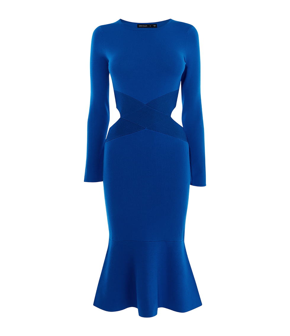 Thumbnail: KAREN MILLEN Flared Blue Bodycon Long Sleeves Cut Out Knit Dress - KC083