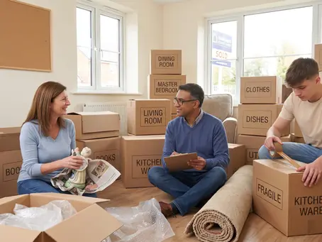 a family packing storage when moving house with labelled cardboard boxes