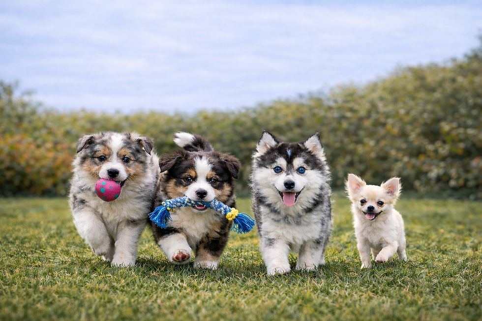 Quatre chiots joueurs dans le jardin.png
