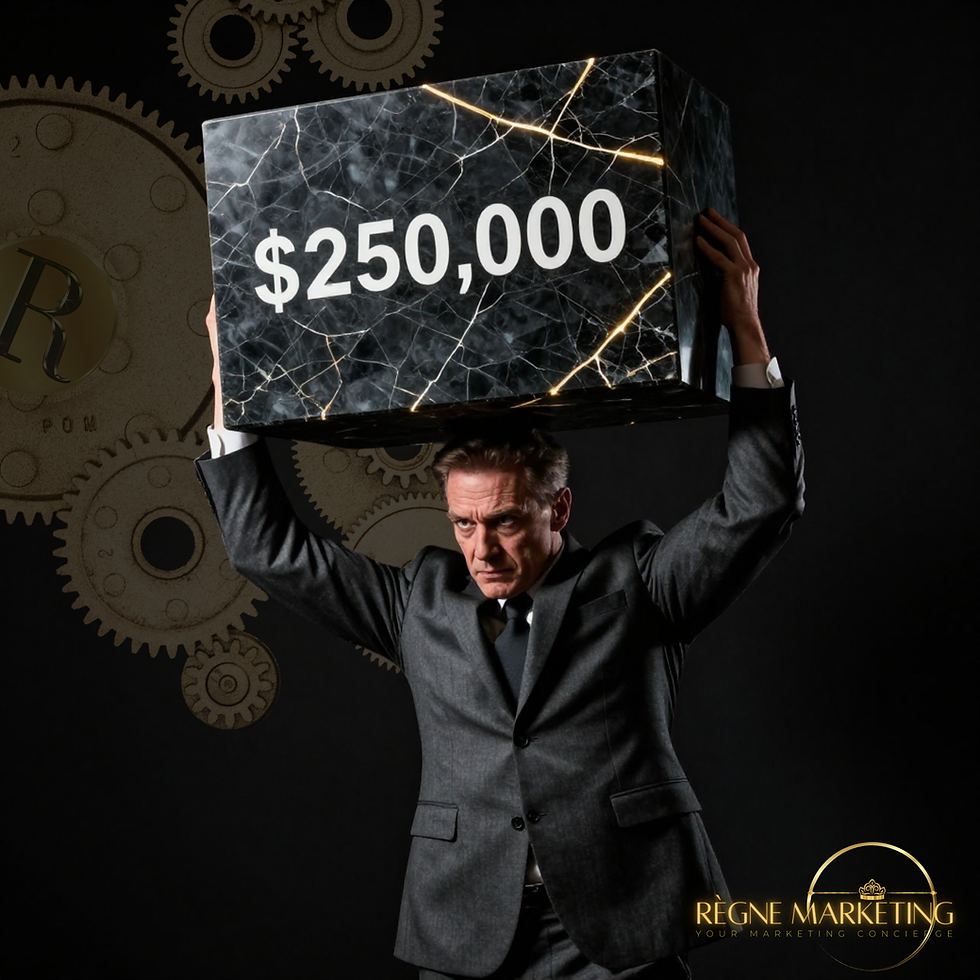 A male founder in a dark suit straining to hold a massive black marble block labeled $250,000, illustrating the structural limitations of a manual crank when trying to scale a service business. The design features gold fracture lines on a black canvas with the gold Règne Marketing logo