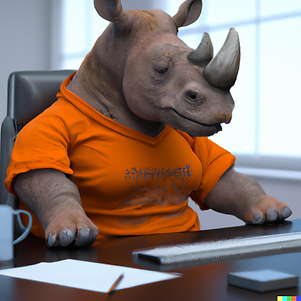 DALL·E 2023-02-20 13.51.30 - an Orange Rhino with tshirt seated in a desk typing in a keyb