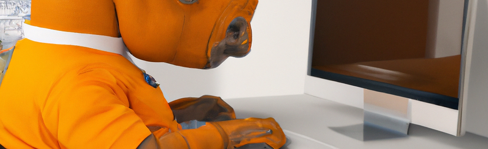 DALL·E 2023-02-20 13.51.27 - an Orange Rhino with tshirt seated in a desk typing in a keyb