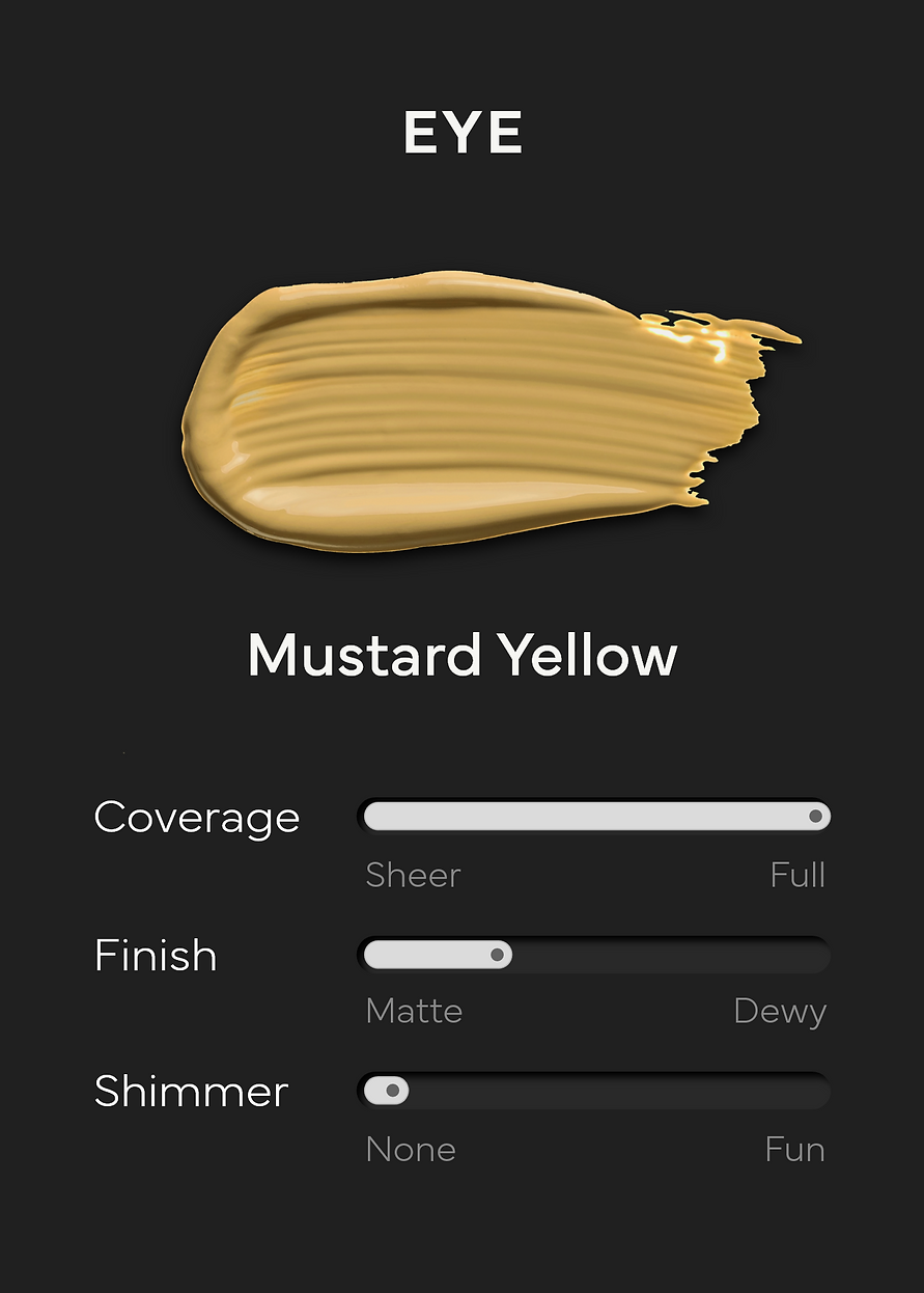 Mustard Yellow eye product: a color swatch above three sliders labeled coverage, finish, and shimmer.