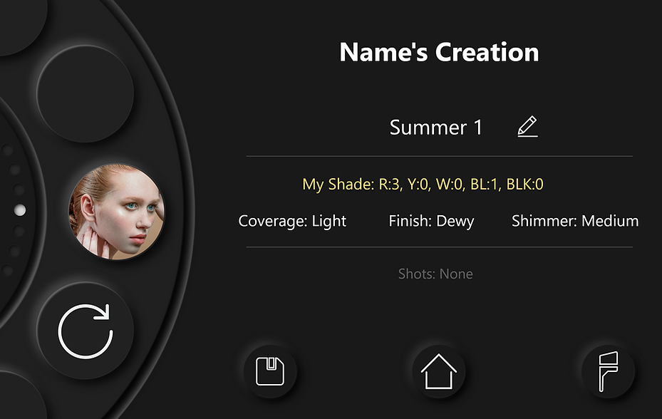 Creation summary: formula name, shade values, coverage, finish, and shimmer, with save and profile icons below.