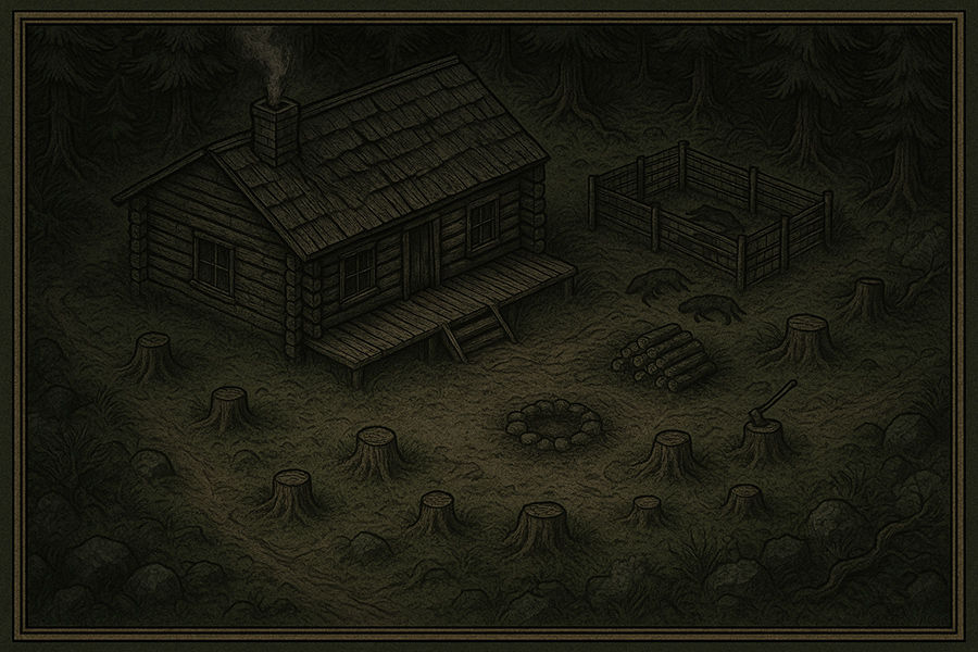 A lonely forest cabin with tree stumps, smoke from the chimney, fenced animals, and scattered tools.