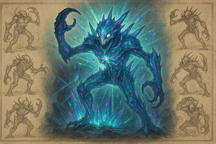 Crystalline alien creature glowing blue and purple, surrounded by pencil concept sketches.