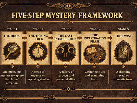 Infographic showing a five-step mystery framework for how to run a mystery in D&D 5e, including the hook, ticking clock, cast introduction, investigation phase, and twist.