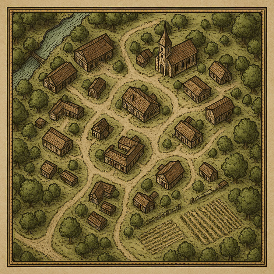 Small rural village map with winding roads, wooden houses, church, fields, and surrounding forest.