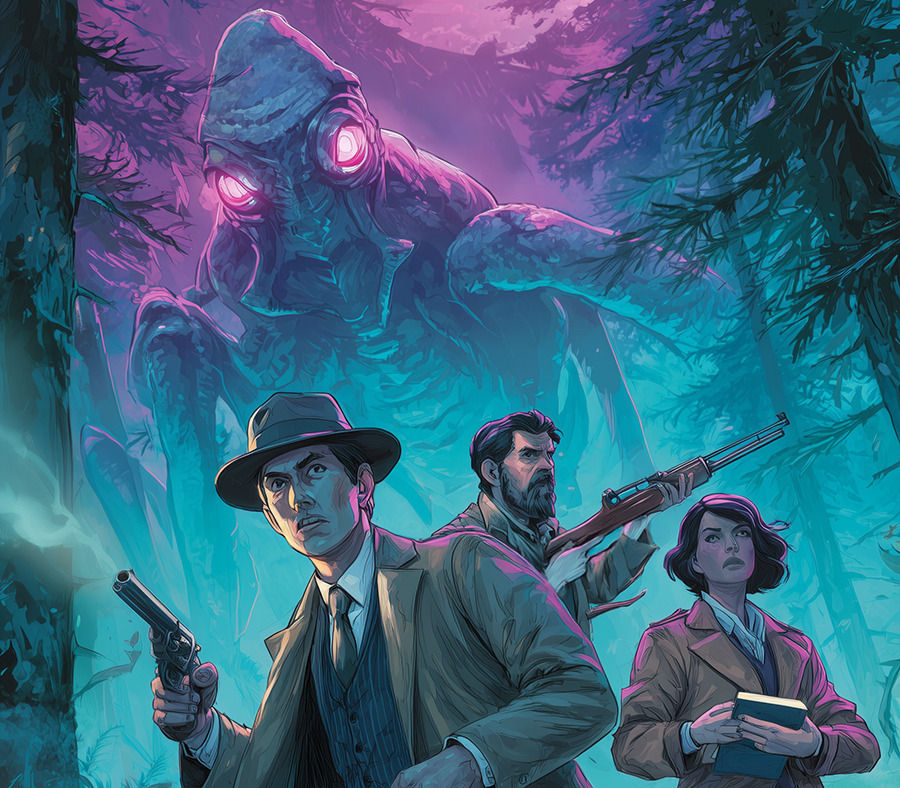 Investigators in 1920s clothing face a towering glowing Mi Go in a dark forest.
