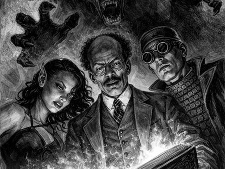 Three 1920s investigators study a glowing occult book while ghostly hands and a screaming eldritch figure emerge from the darkness above them.