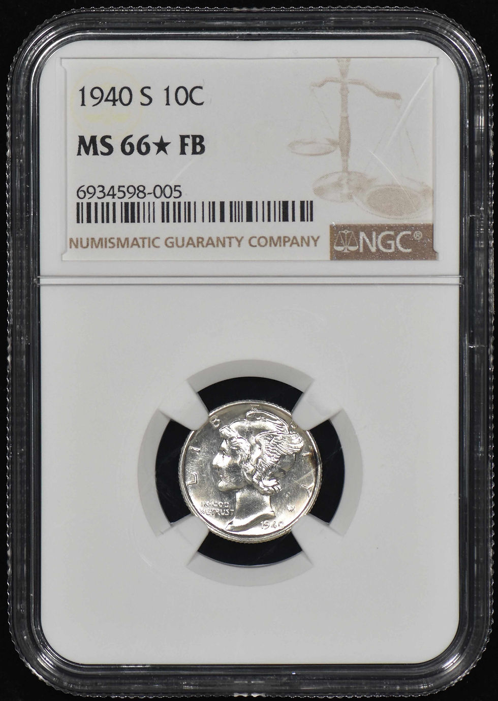 1940-S Mercury Dime 10c NGC MS66 * STAR FB - Looks Prooflike!