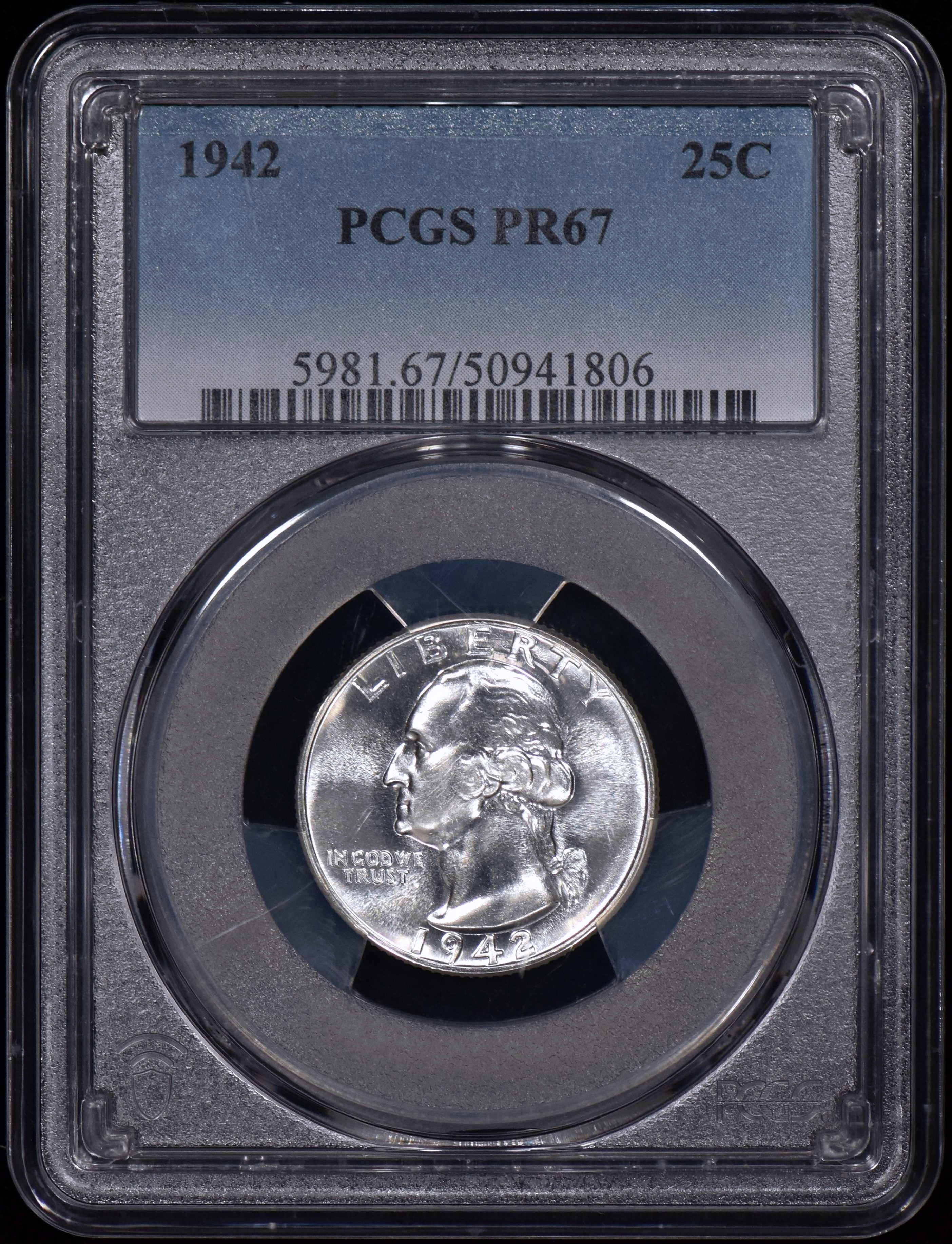 1942 Proof Washington Quarter 25c PCGS PR67 White & Spotless!