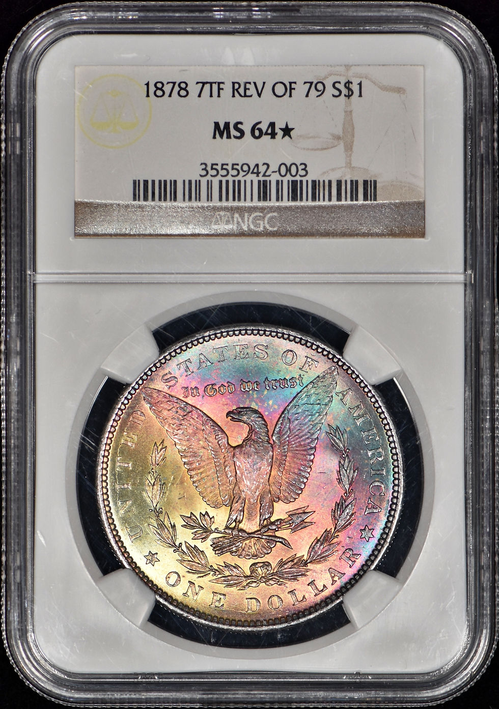 1878 7TF Reverse of 1879 Morgan Silver Dollar $1 NGC MS64 * STAR - Rainbow Toned