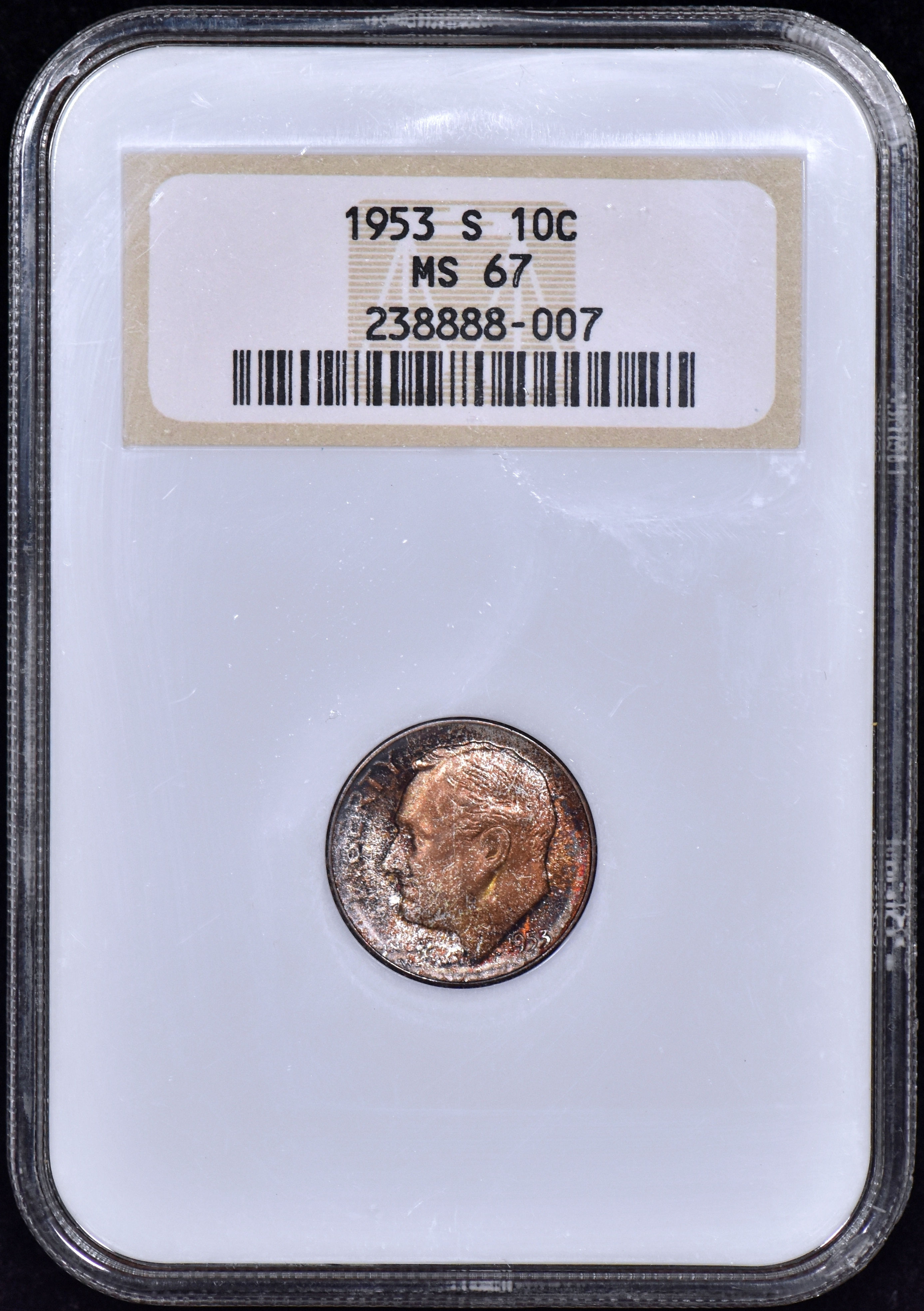 1953-S Roosevelt Dime 10c NGC MS67 - NGC "Fatty" - Toned