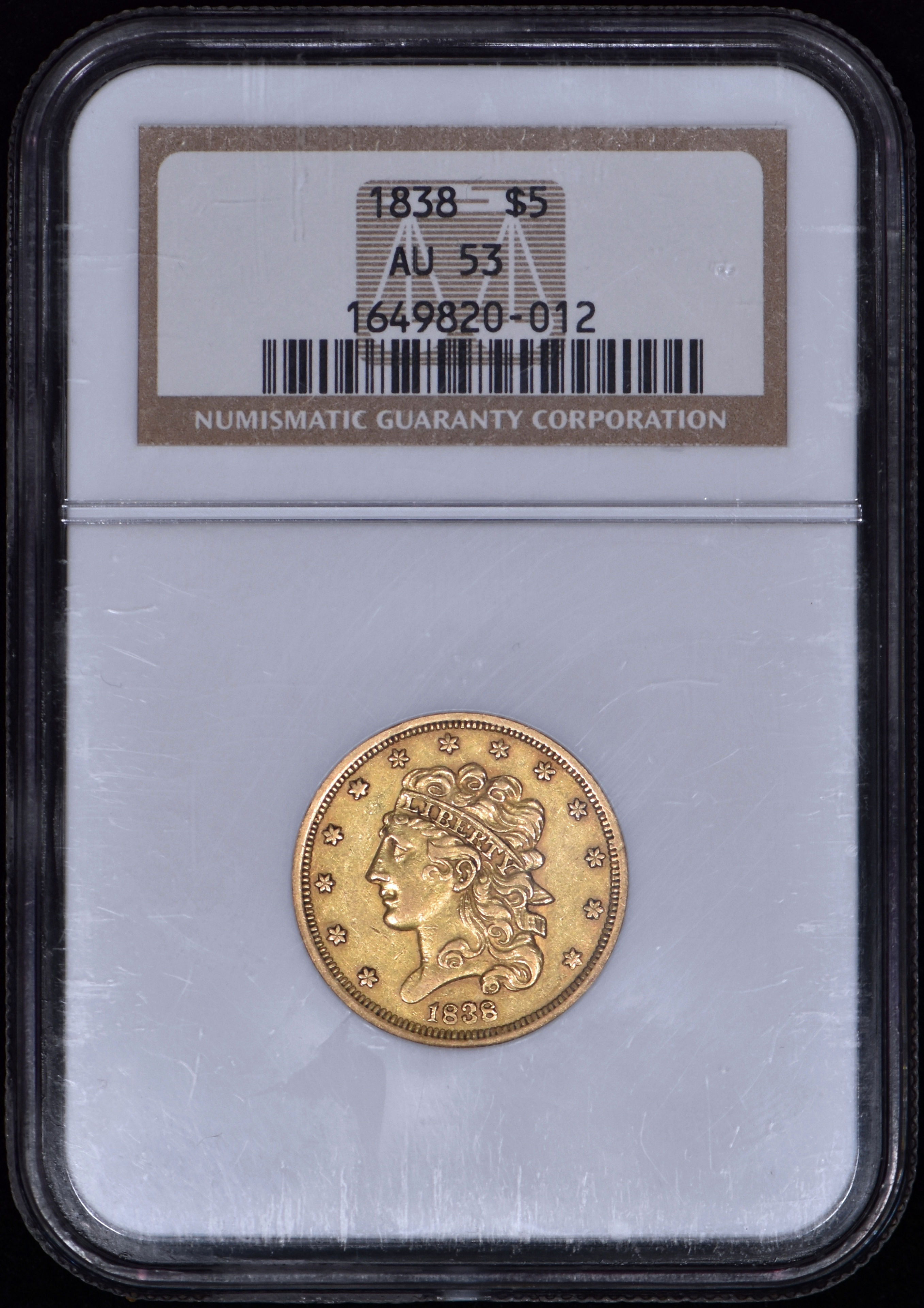 1838 Classic Head Half Eagle $5 Gold NGC AU53