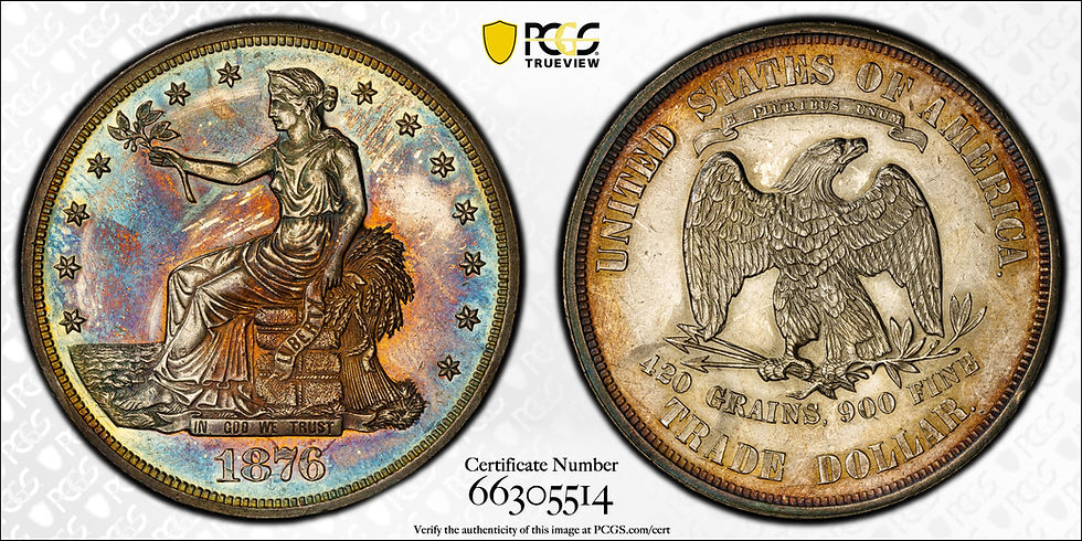 Thumbnail: 1876 Trade Silver Dollar $1 PCGS UNC - Beautiful Color/Toning!