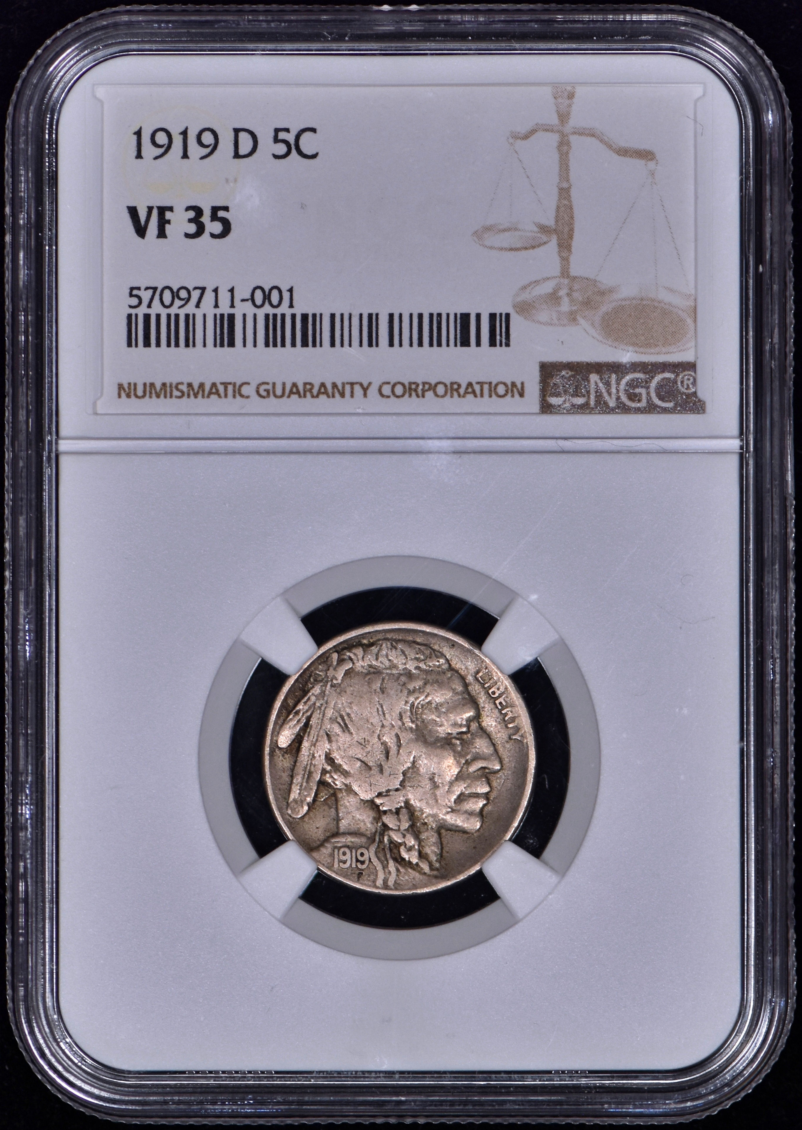 1919-D Buffalo Nickel 5c NGC VF35 - Original!