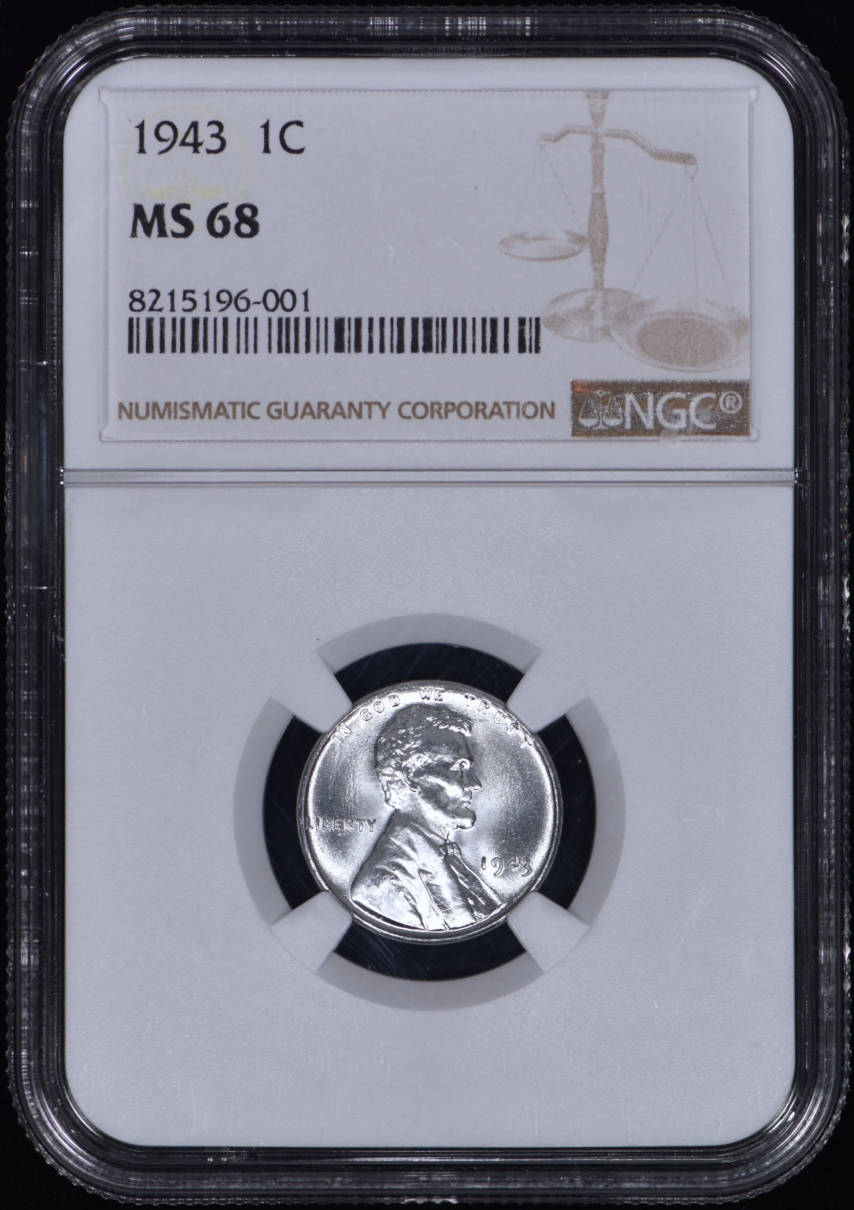 1943 Wartime Steel Lincoln Head 1c Penny NGC MS68