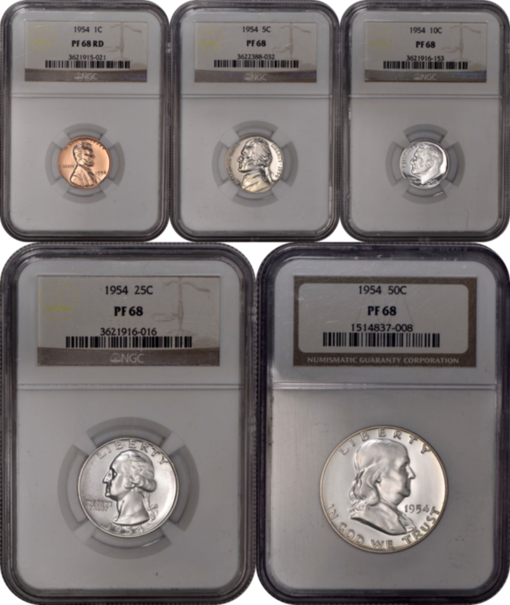 1954 United States Proof Set 1c-50c - All NGC PF68 (PR68) Quality Set!
