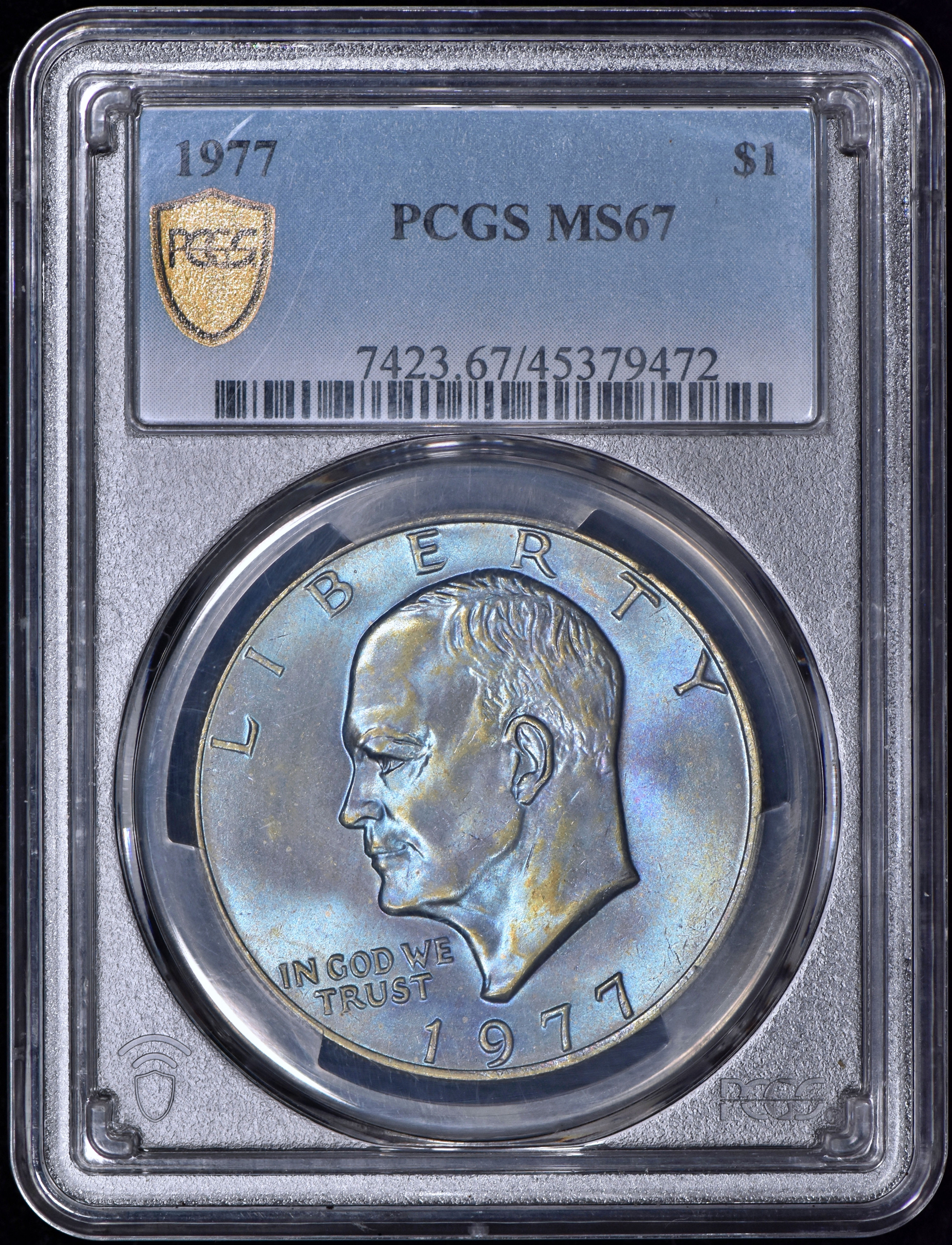1977 Eisenhower Dollar $1 PCGS MS67 - Icy Blue Toning!