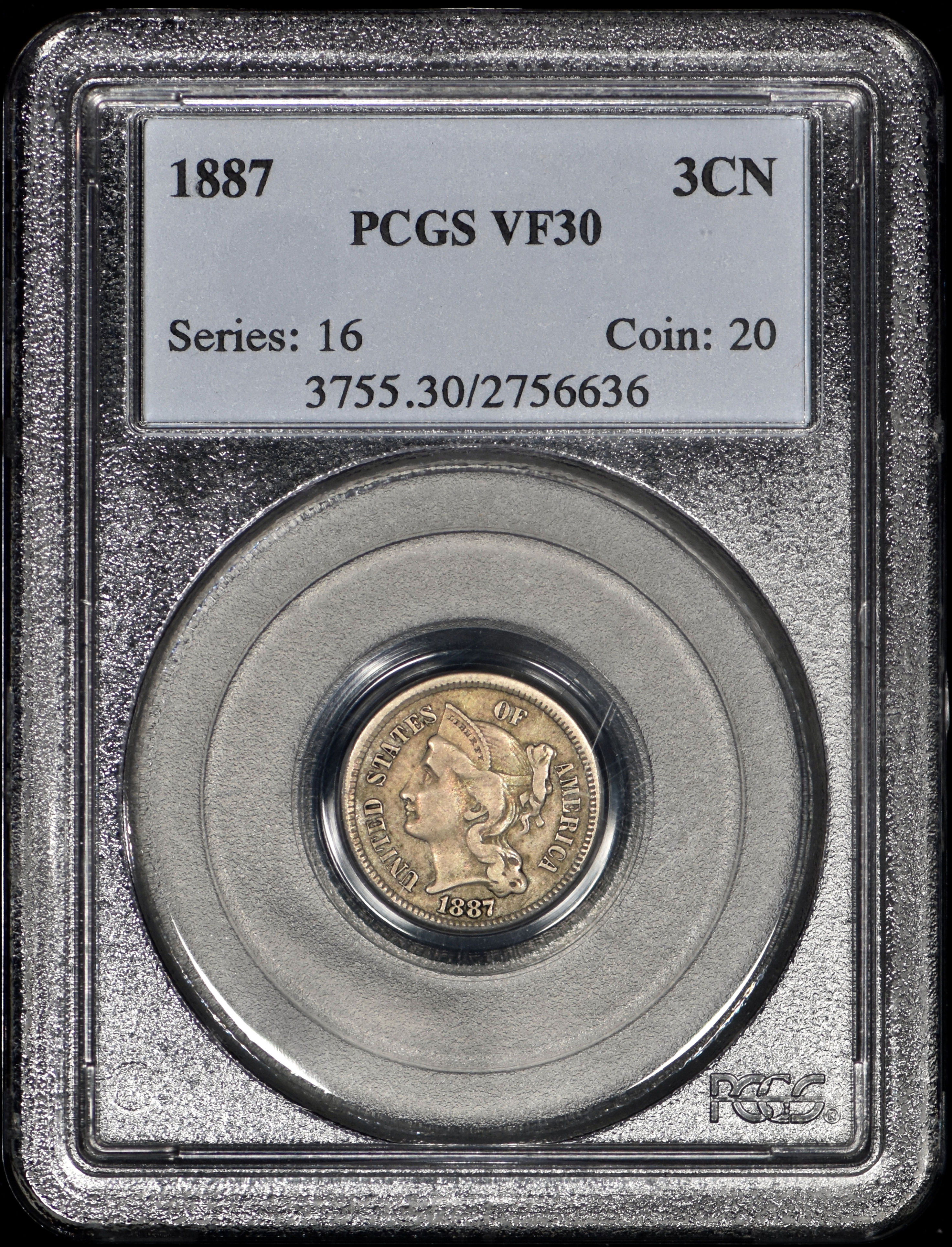 1887 Three Cent Nickel 3CN PCGS VF30 - Tough Coin! Original!