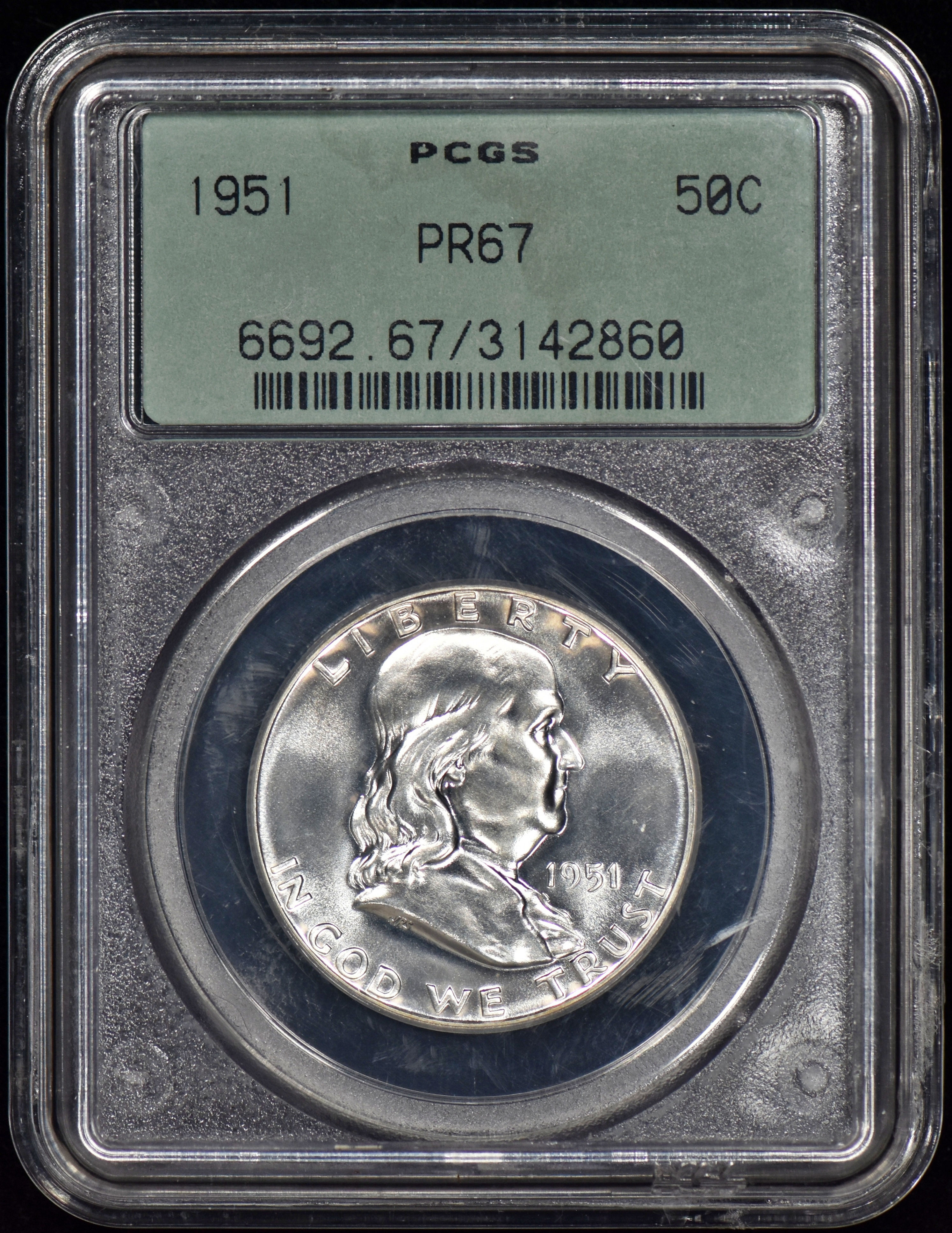 1951 Proof Franklin Half Dollar 50c PCGS PR67 - Nice Coin! (OGH 2-Part Holder)