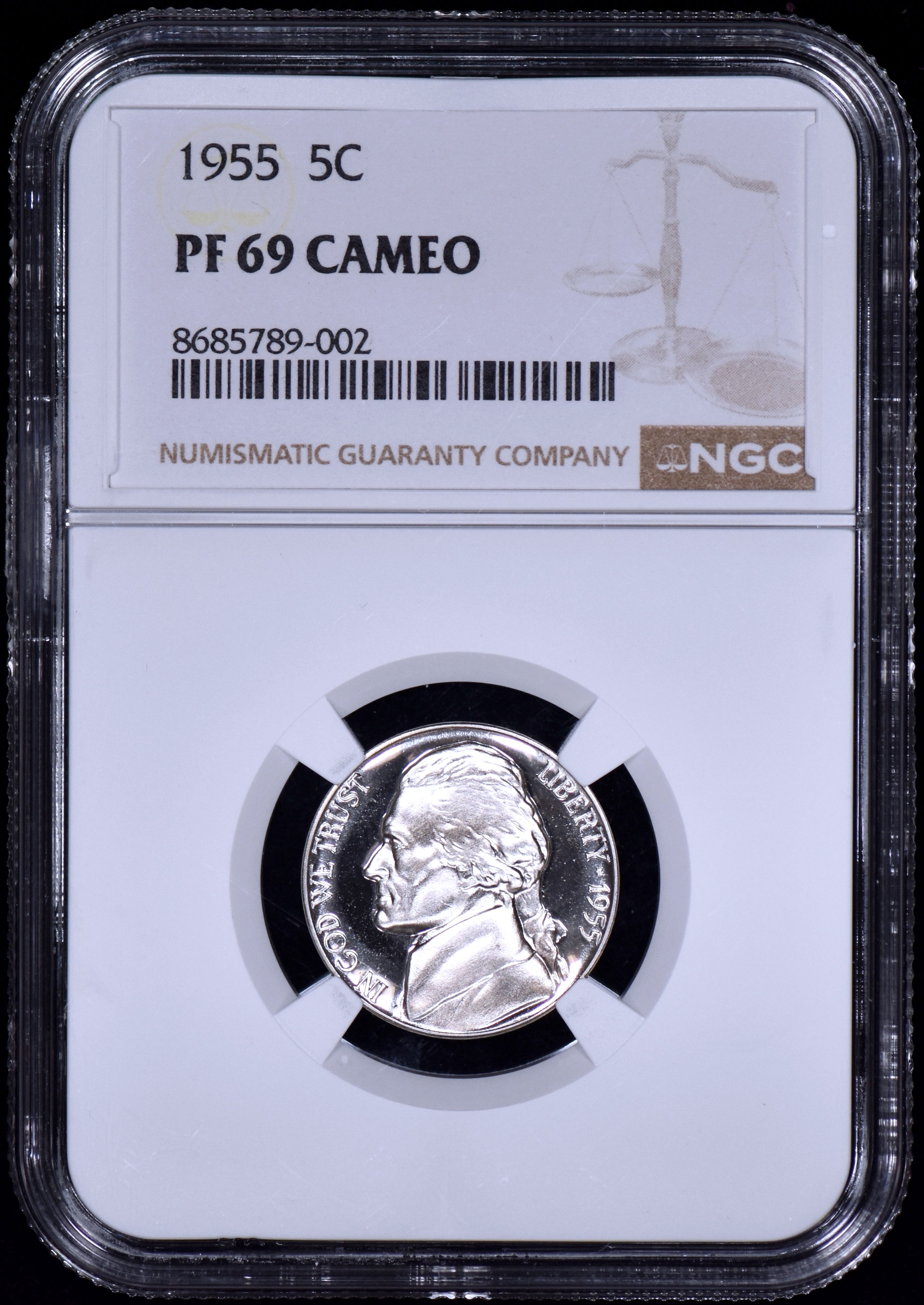 1955 Proof Jefferson Nickel 5c NGC PF 69 CAMEO (PR69CAM) - Frosty! Spotless!