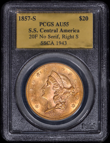 1857-S Liberty Head Double Eagle $20 Gold PCGS AU55 SS Central 1857-S Liberty Head Double Eagle $20 Gold PCGS AU55 SS Central