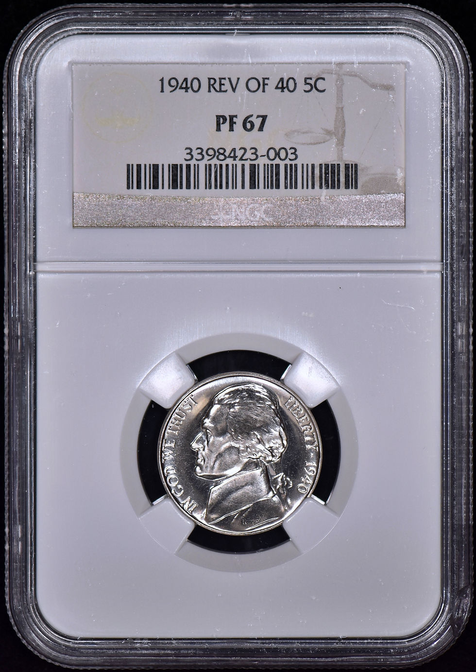 Thumbnail: 1940 Rev of 40 Proof Jefferson Nickel 5c NGC PF67 (PR67) Clean Coin!