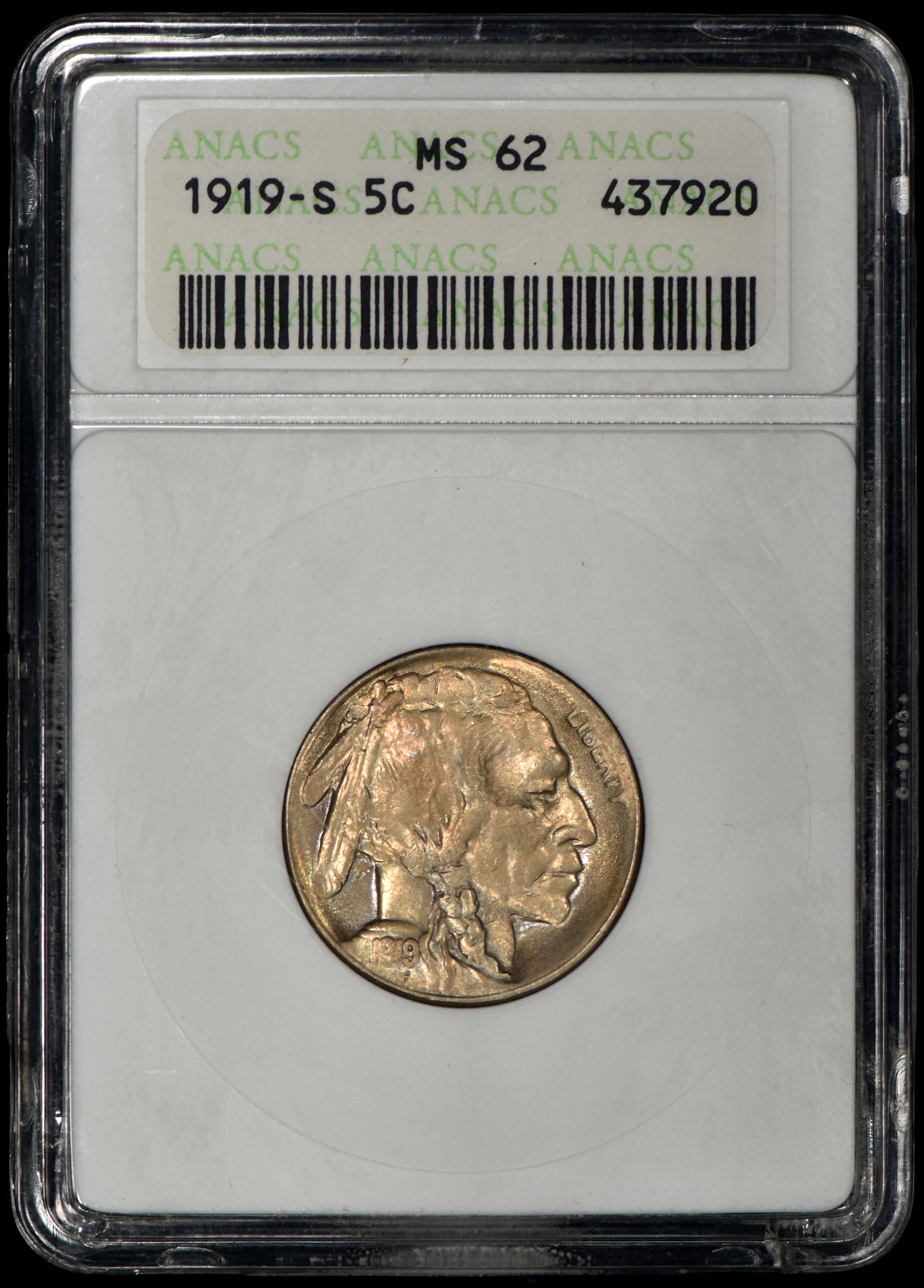 1919-S Buffalo Nickel 5c ANACS MS62 Old "Soapbox" Holder - Tough Coin!