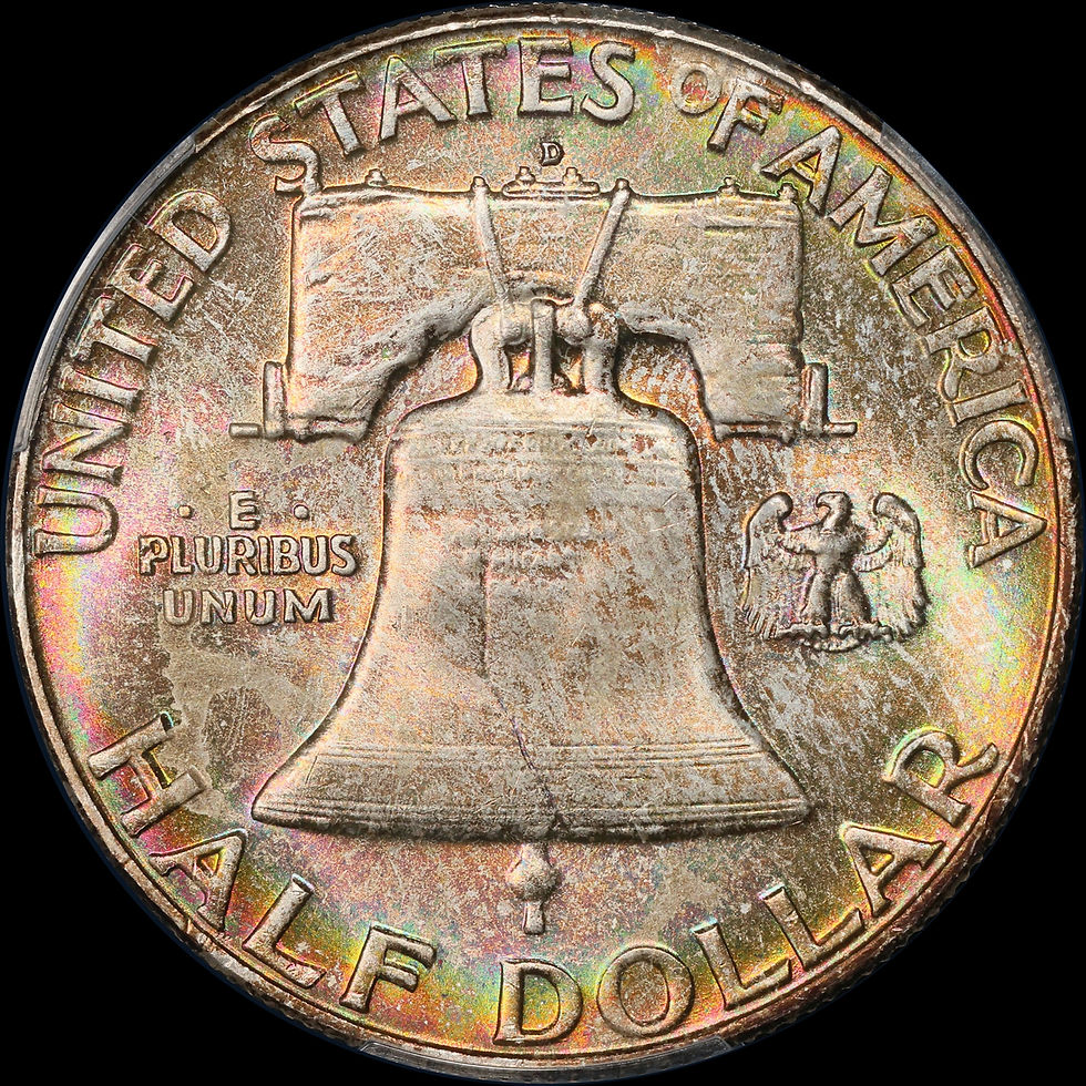 Thumbnail: 1957-D Franklin Half Dollar 50c PCGS MS66FBL - Rainbow Toned Reverse!