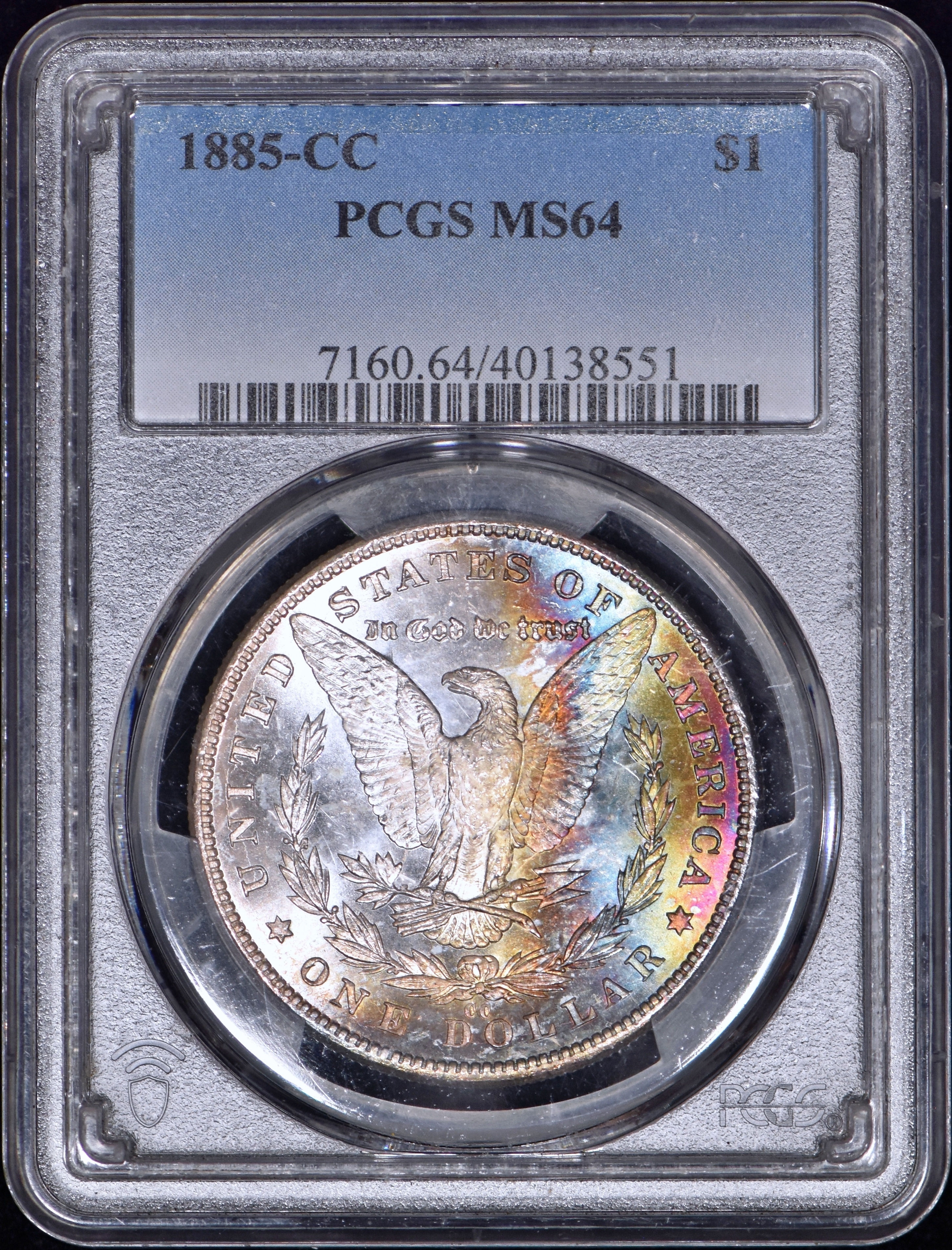 1885-CC Morgan Silver Dollar $1 PCGS MS64 - Rainbow Toned Reverse!