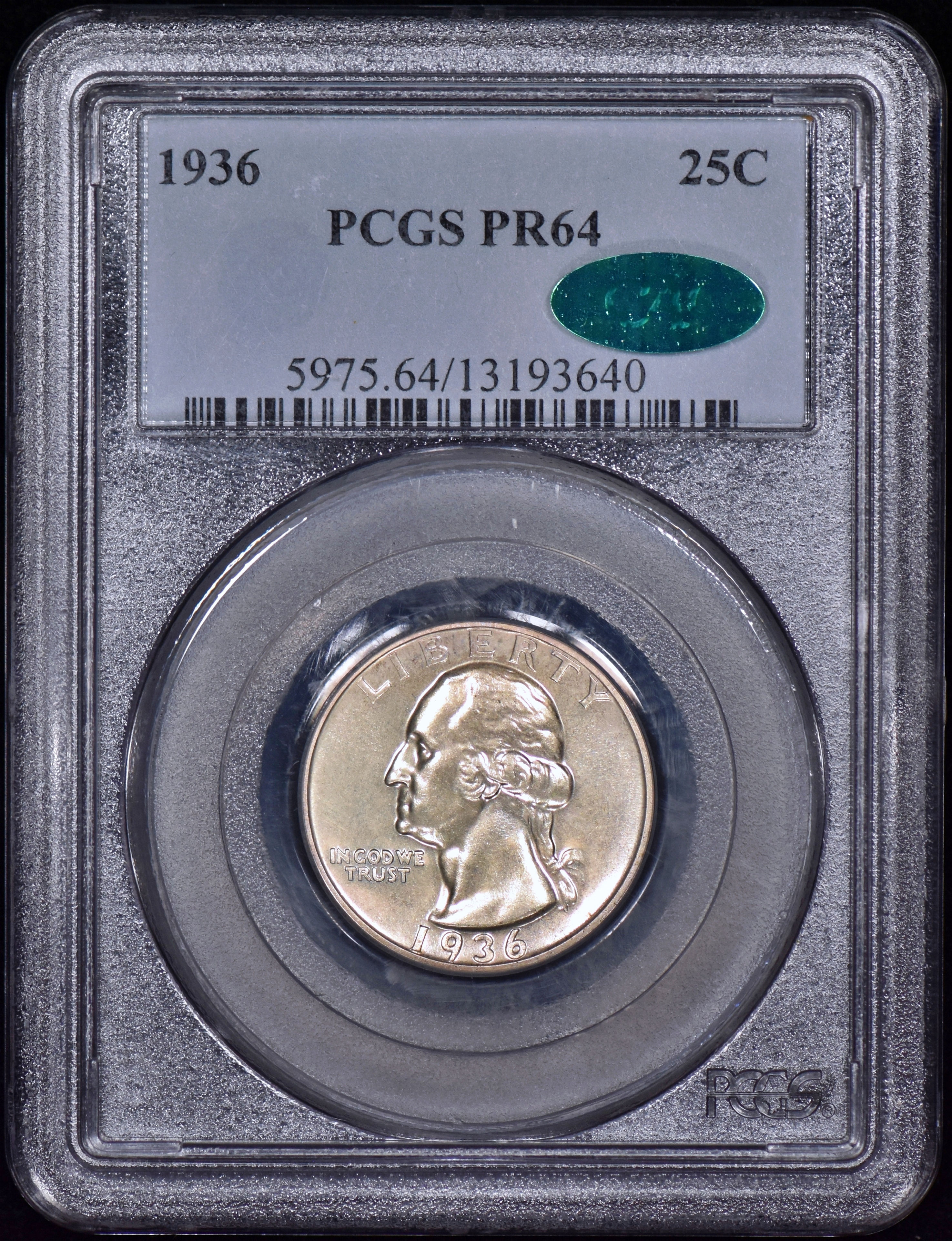 1936 Proof Washington Quarter 25c PCGS PR64 CAC