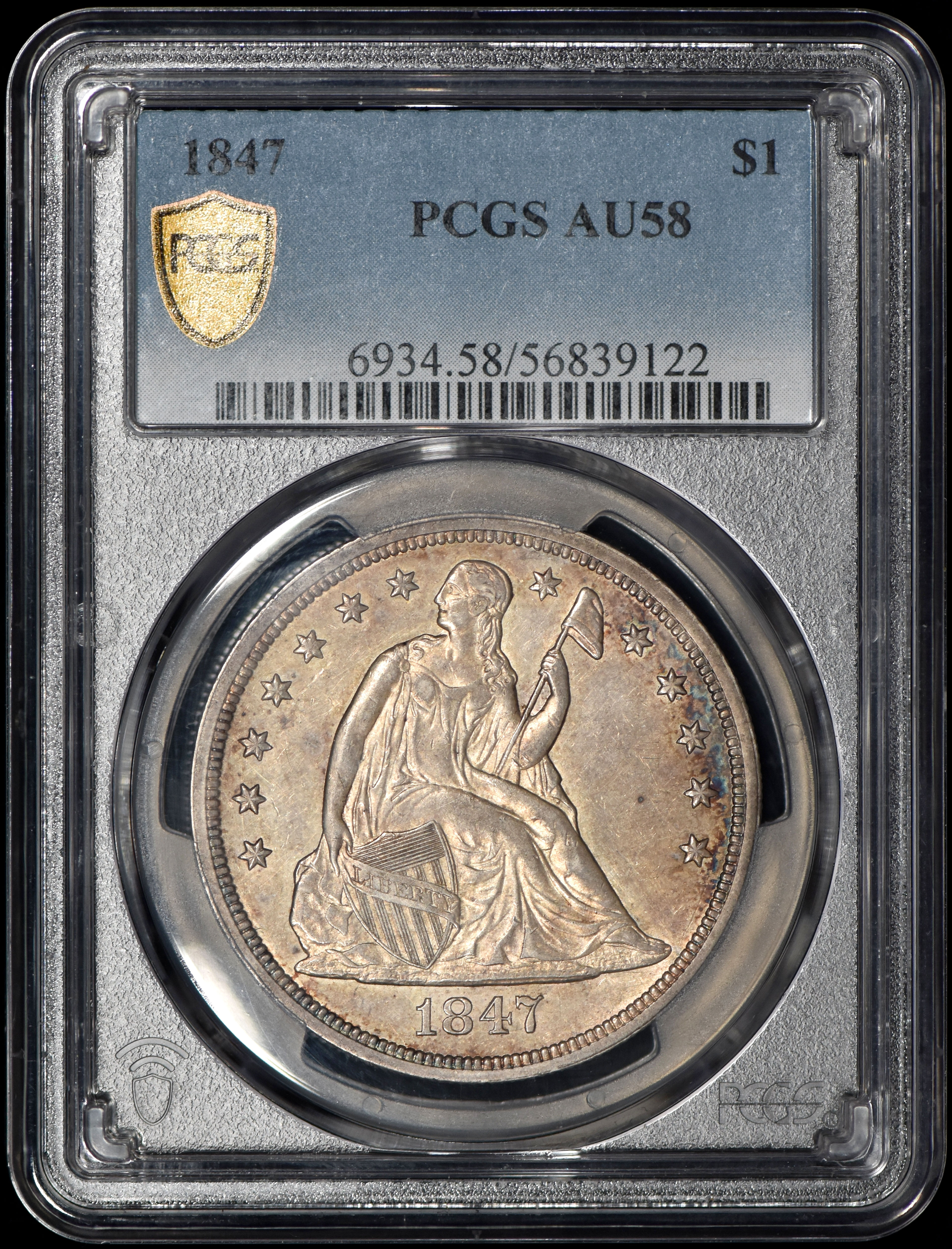 1847 Seated Liberty Silver Dollar $1 PCGS AU58 w/ Gold Shield