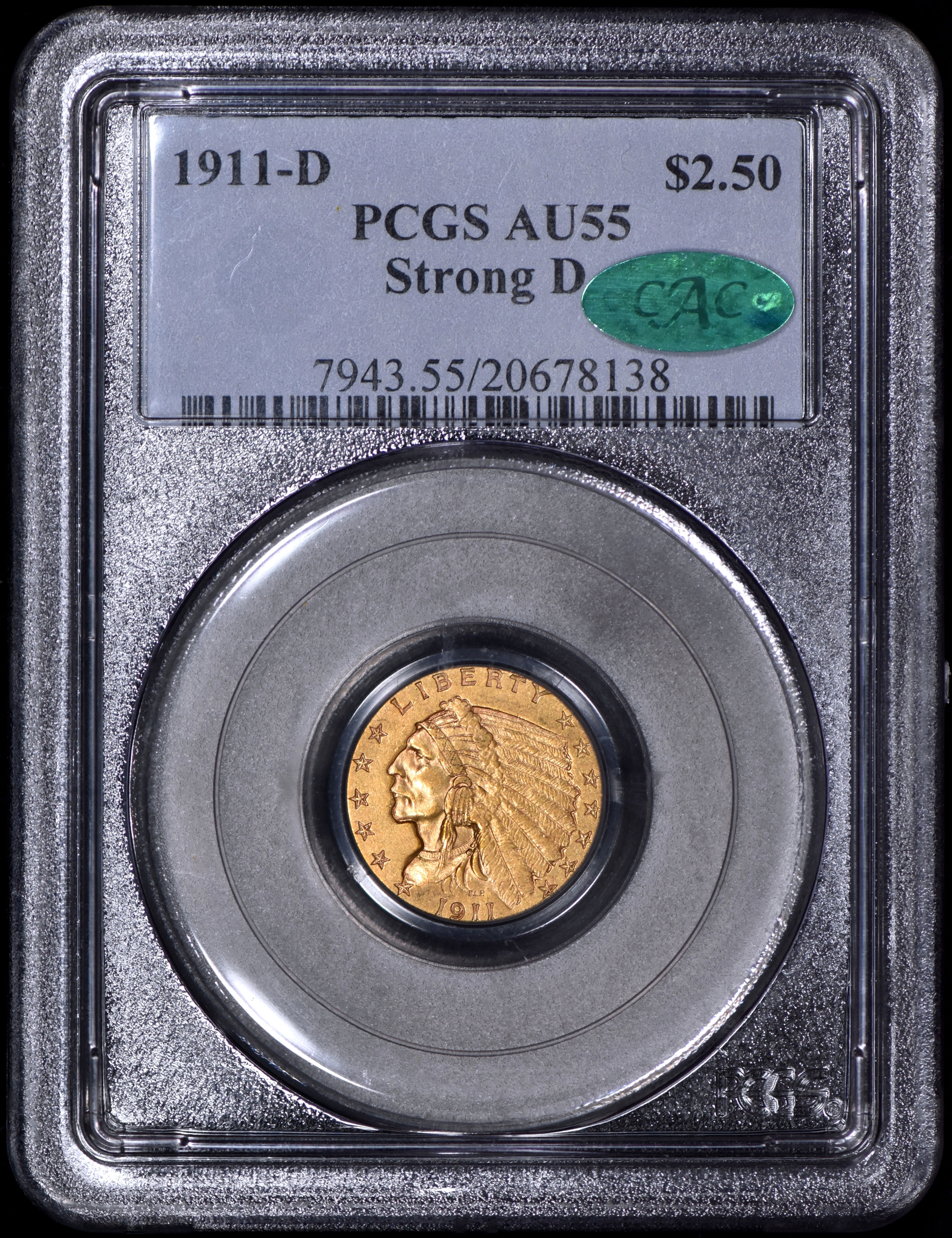 1911-D Strong D Indian Head Quarter Eagle Gold $2.50 PCGS AU55 CAC