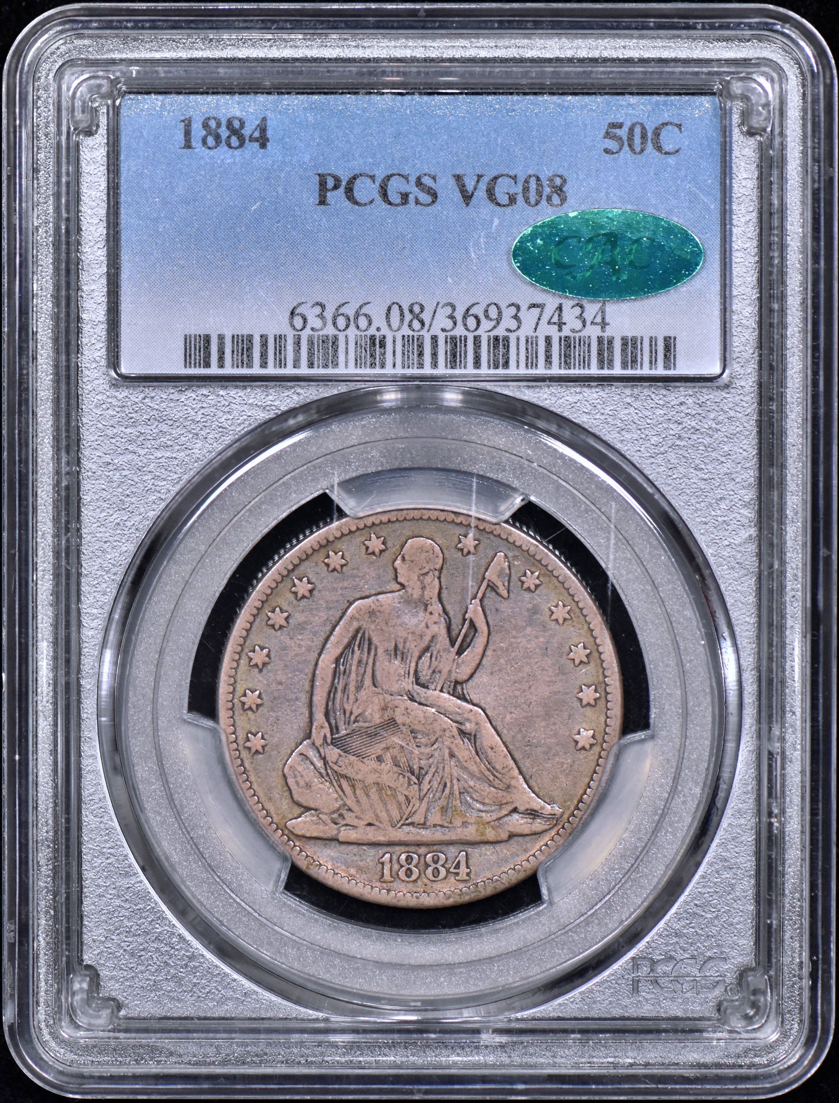 1884 Seated Liberty Half Dollar 50c PCGS VG08 CAC - Mintage 4,400!