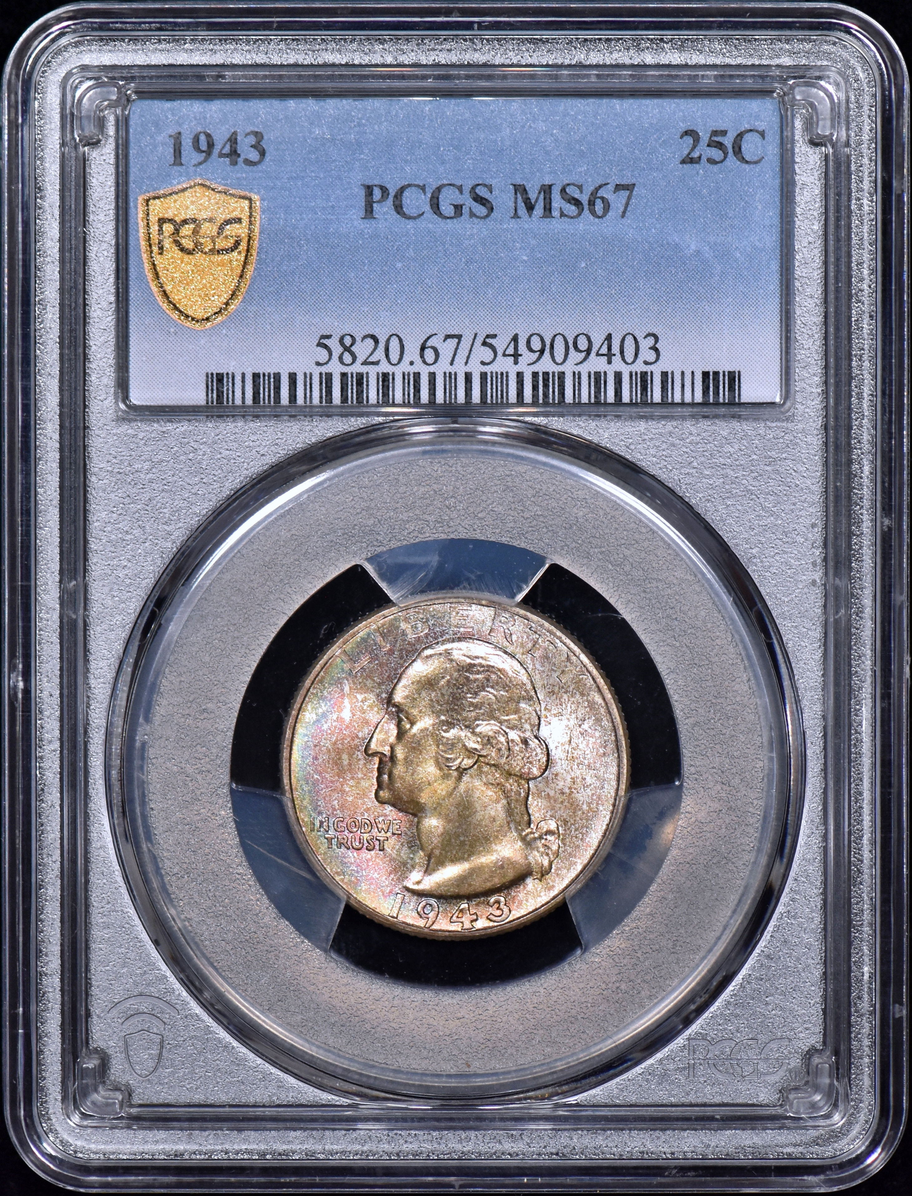1943 Washington Quarter 25c PCGS MS67 - Rainbow Toning!
